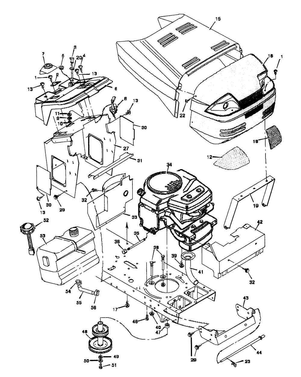 Hood And Engine Mount Diagram and Parts List for 46379X192B 1997 Briggs and Stratton Lawn Tractor